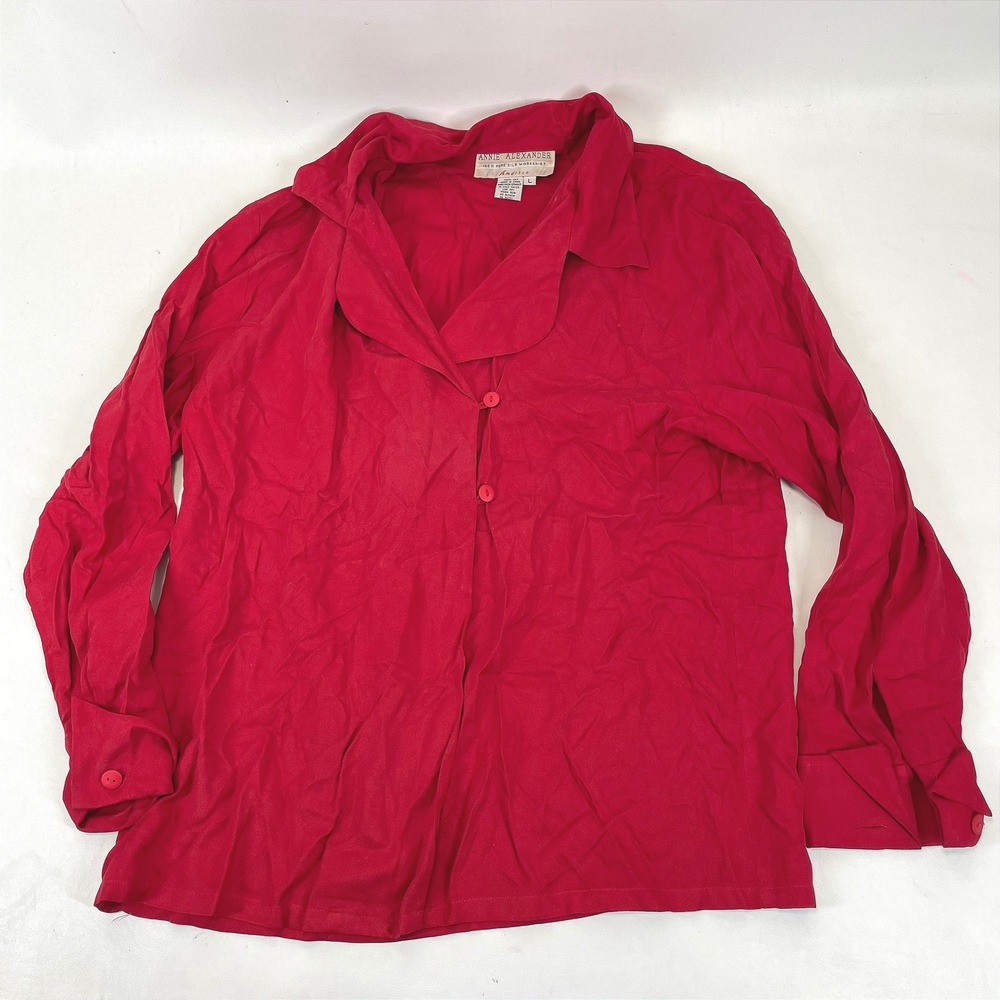 Annie Alexander Womens Red 100% Pure Silk Workshirt Blouse Long Sleeve Large
